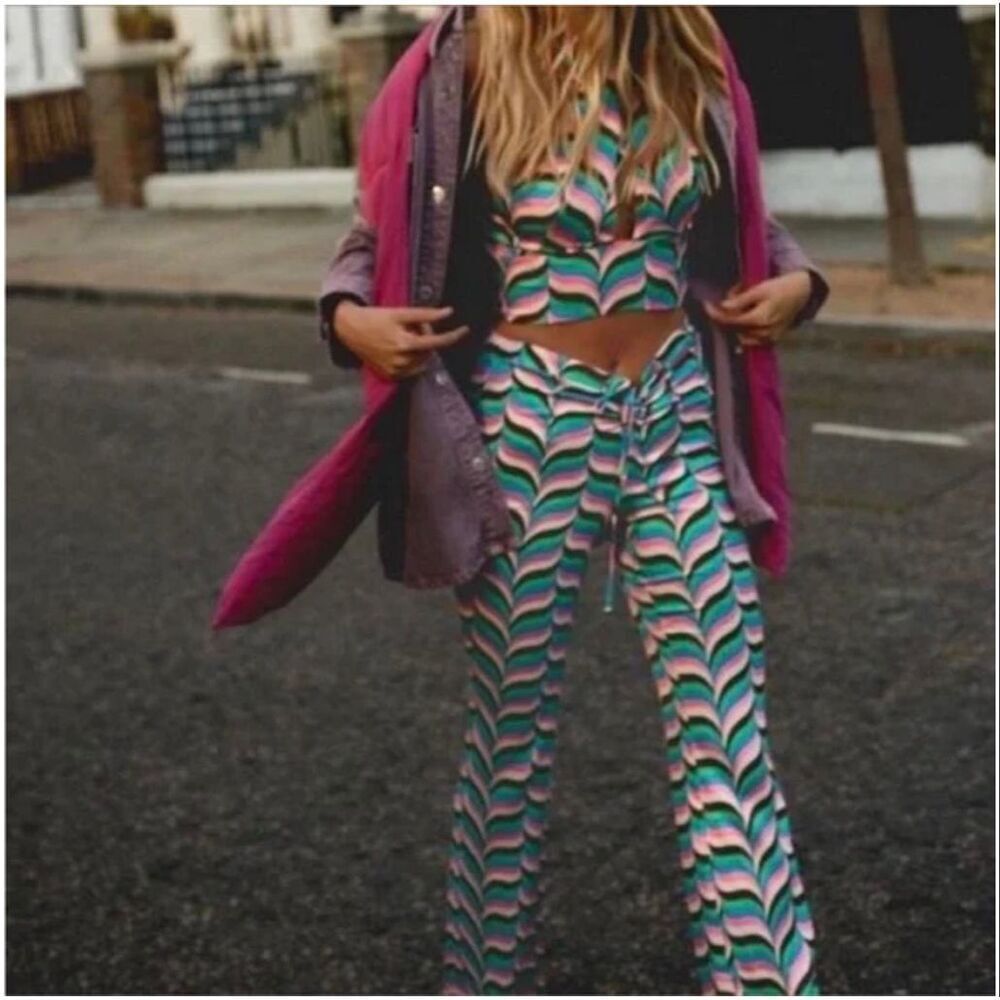 Zara Psychedelic Multicolor Wide Leg Flare Halter Top Two Piece Set Size Small - Picture 2 of 12